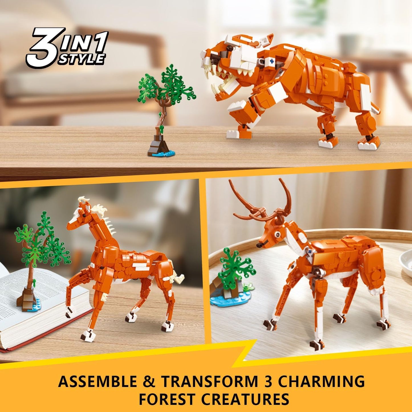 Creator 3 in 1 Building Set, Rebuilds into 3 Different Safari Animal Figures- Tiger/Sika Deer/Horse, Compatible with Lego Sets for Boys 6+/8-14 (747pcs)