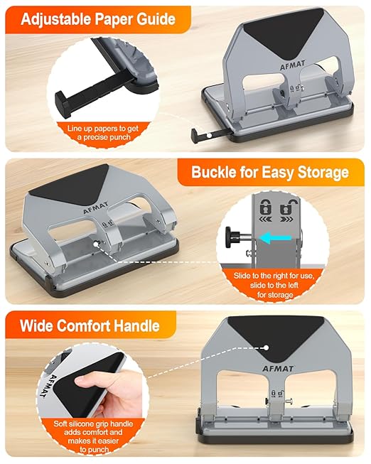 AFMAT 3 Hole Punch Heavy Duty, 50-Sheet Three Hole Punch, 50% Reduced Effort, 10,000+ Uses, 9/32" Holes, S.S. Paper Guide, 3 Hole Puncher for Binder, Metal Hole Puncher for Home Office School HP20