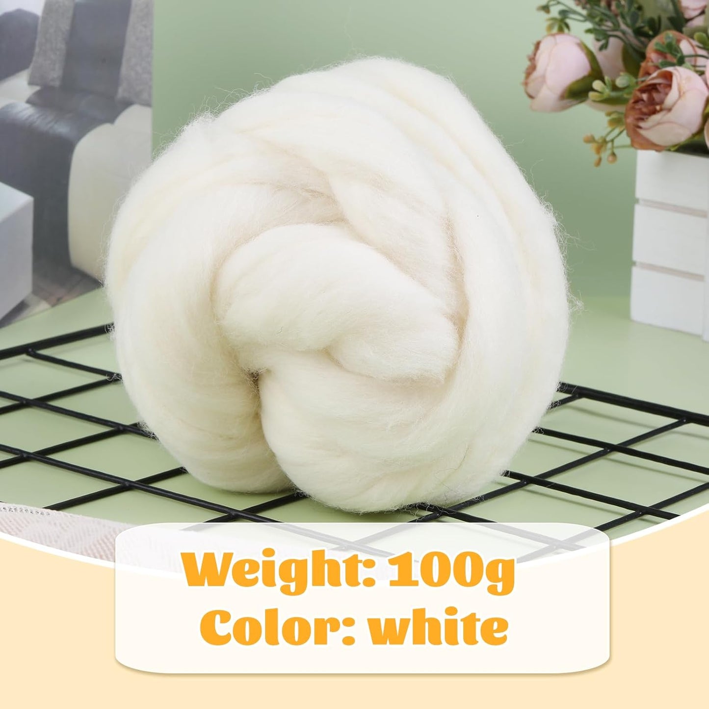 3.53oz Wool Roving Yarn, Fiber Roving Wool Top, Needle Felting Supplies, Pure Wools, Chunky Yarn, Spinning Wools for Needle Felting Wet DIY Hand Spinning (Natural White)