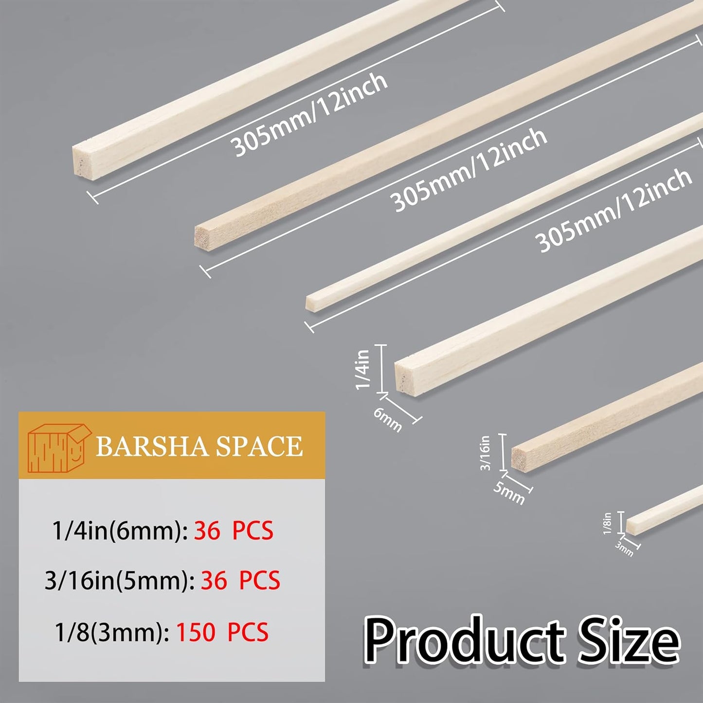 222Pcs Balsa Wood Sticks,Wood Strips Balsa Square Wooden Dowels Hardwood Unfinished Wood Sticks for Crafts DIY Projects Models Making Supplies (1/8in+3/16in+1/4in 222pcs)