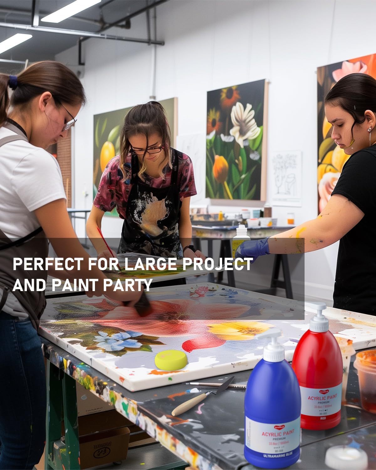 15 Colors Large Acrylic Paint Set (33.8 oz,1000 ml) Art Painting Bulk Supplies for Multi Surface Canvas Wood Leather Fabric Rock Craft, Non Toxic Paint for Kid & Adult with Pump, Color Wheel