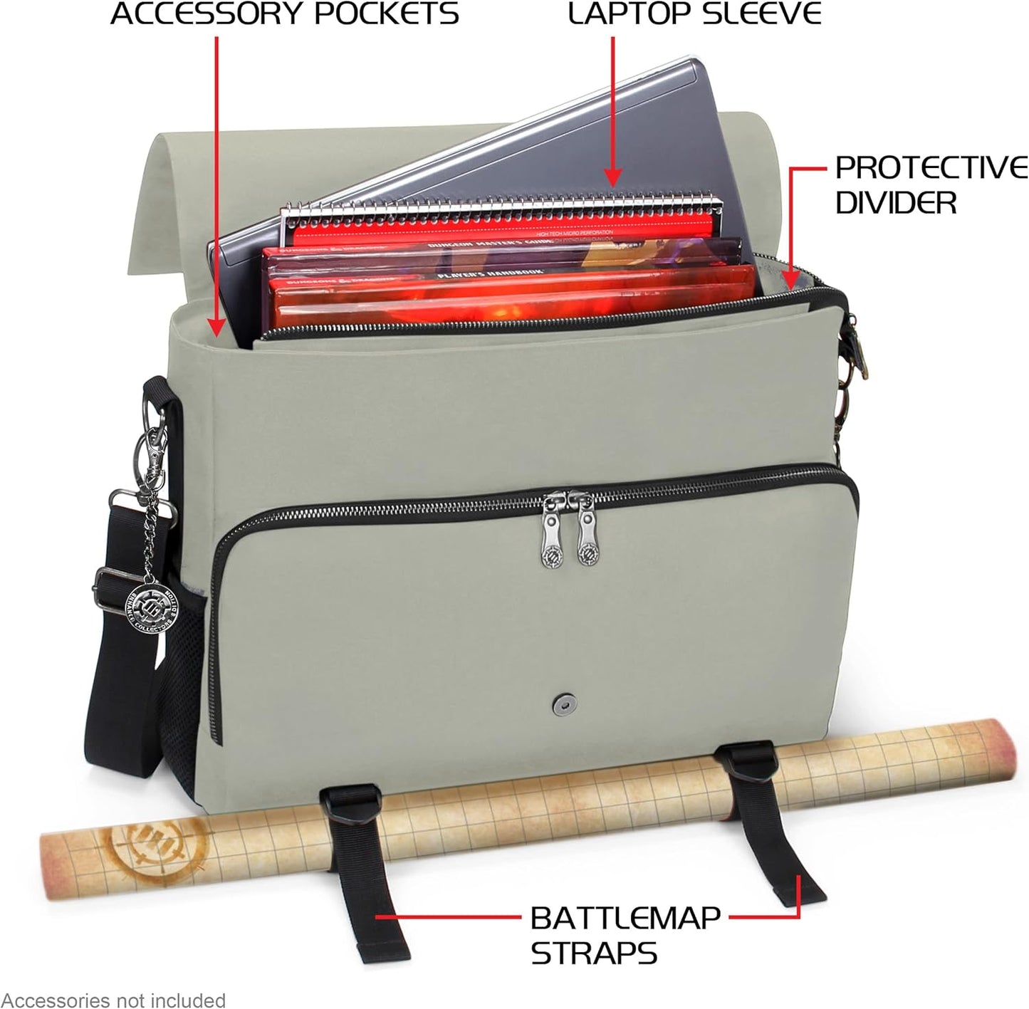 ENHANCE Collector's Edition RPG Player's Essentials DnD Bag - Dragon Hide Exterior Messenger Bag Fits 2-4 Books, Binders, Dice & Accessories, with 17 inch Laptop Slot, Battlemap Straps (Dragon Silver)