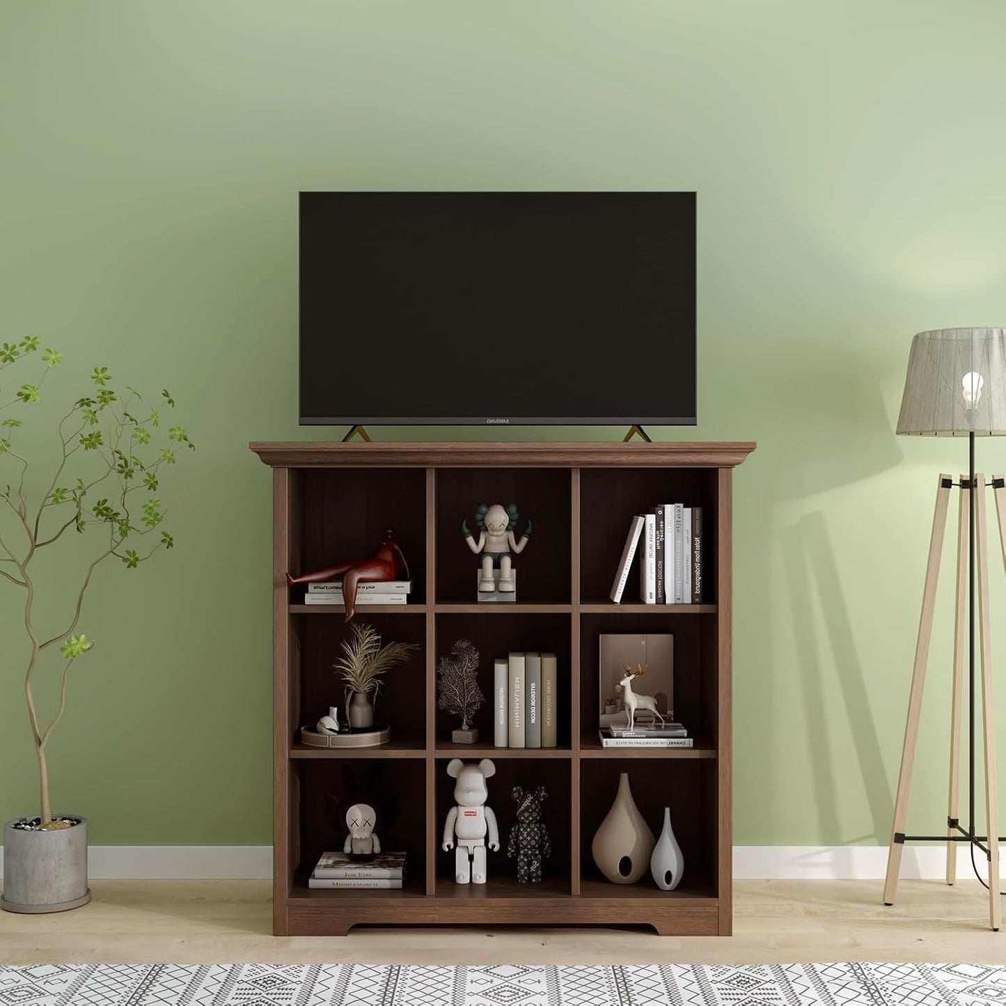 Cube Shelf Bookcase with Base - Wooden 3 Tiers Floor Standing Low Storage Cabinet for Home and Office, 9-Cube Lattice Bookshelf, Walnut