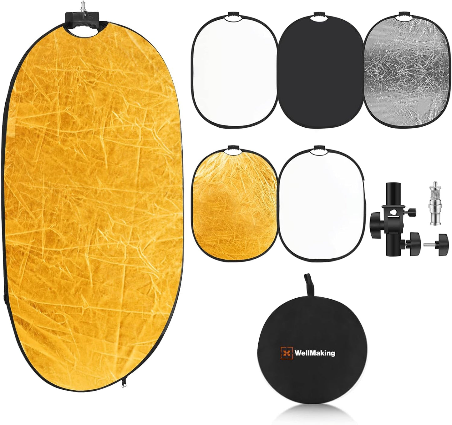 WELLMAKING 24'' x 36'' (60 x 90cm) Photography Reflector 5-in-1 Collapsible Light Reflector with Bag & tilt Adapter, Portable Light Reflector Photography Panel for Studio Video & Outdoor Lighting