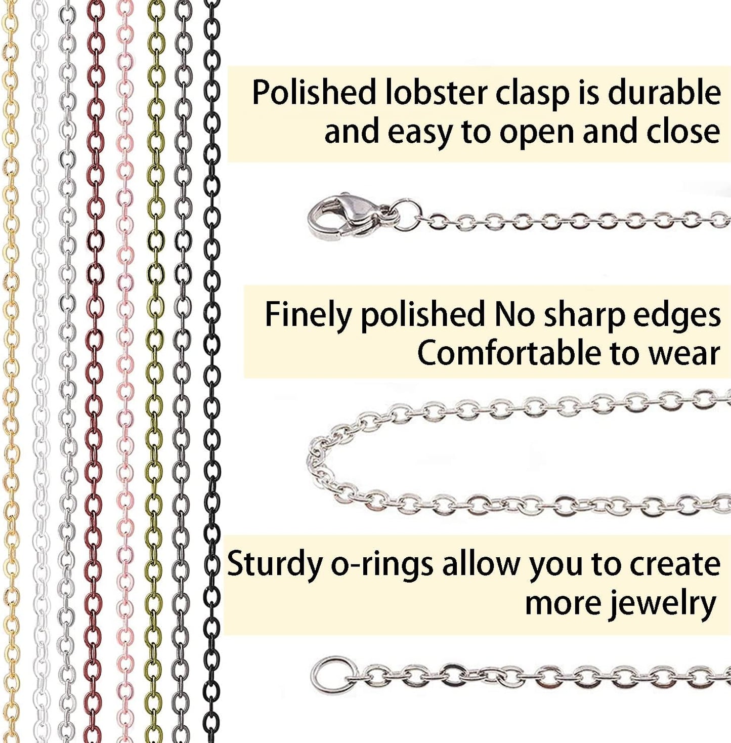Jishi 80ft Necklace Chains Jewelry Making Chain Link Rolls Bulk 2mm - Bracelet Earring Necklace Craft Supplies DIY Jewelry Making Findings, 8-Colors Gold Silver Copper Plated Metal Rolo Cable Chains