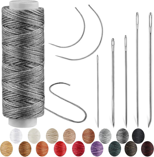 Ftyiwu Waxed Thread, Upholstery Needle and Thread 32 Yards with 7PCS Hand Sewing Needles for Home Upholstery Carpet Canvas Repair Leather Sewing (Dark Gray)