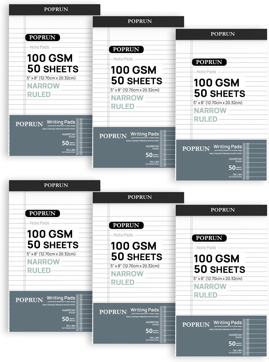 POPRUN Small White Legal Pads 5 x 8 Narrow Ruled, 100GSM Writing Paper Pad, Bulk Lined Notepad Notebooks for Work School, Classroom Office Supplies, 6 Pack