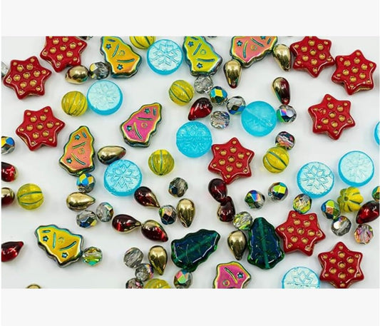 2.1oz (60g) of Christmas Czech Glass Bead Mix 2024 with Trees, Melons, Snowflakes and Faceted Beads, Dark Green Yellow Xmas