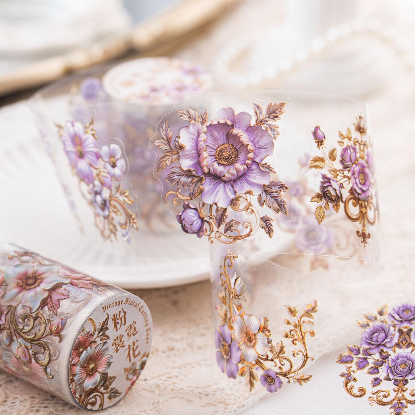 6PCS Baroque Flower PET Tape Set, Vintage Floral Pre-Cut Tapes for Journaling, Scrapbooking, and Junk Journal Ephemera, with Decorative Clip