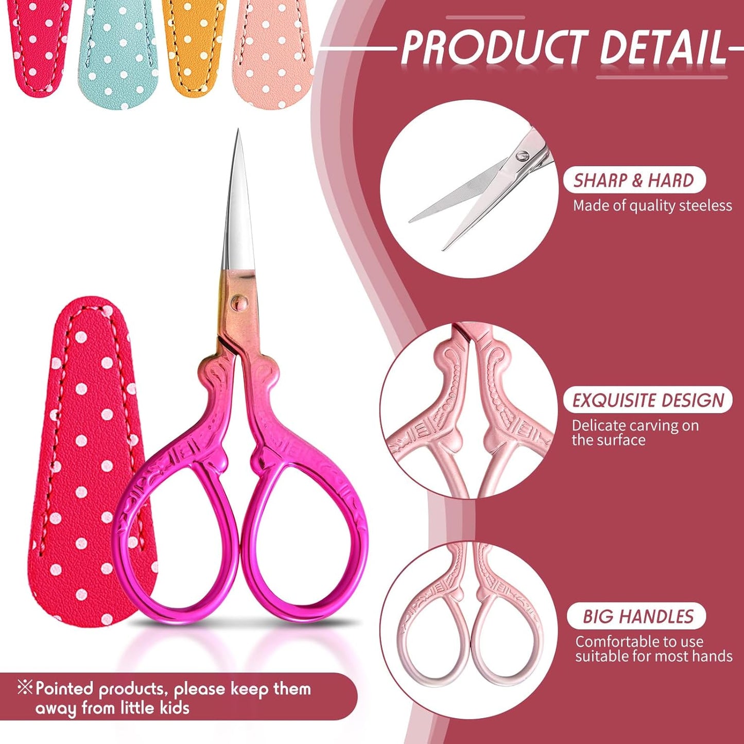 Honoson 4 Pcs Sewing Embroidery Scissors with 4 Pcs Artificial Leather Cover 3.6 Inch Stainless Steel Stork Scissors Vintage Embroidery for Needlework Manual Sewing Handicraft(Classic Colors)