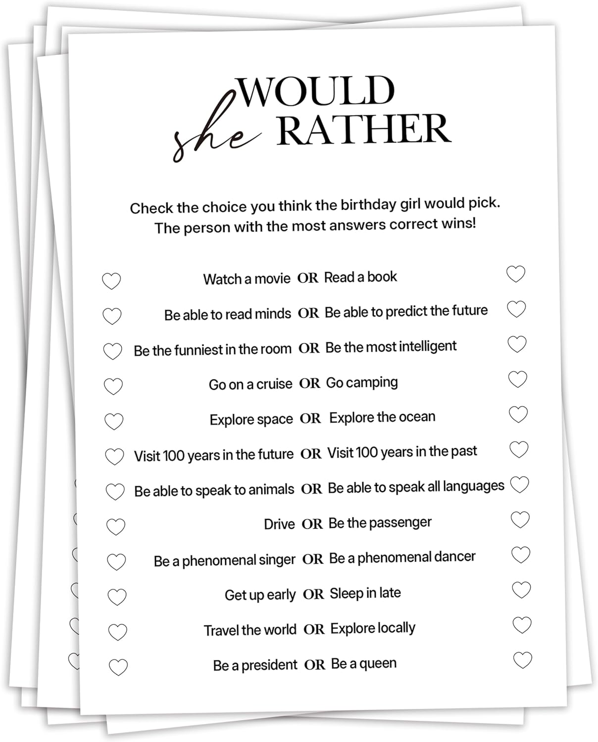 Birthday Party Games, Would She Rather, 25 Pcs Card Set for Guests, Fun Birthday Game for Teen Adults – A04