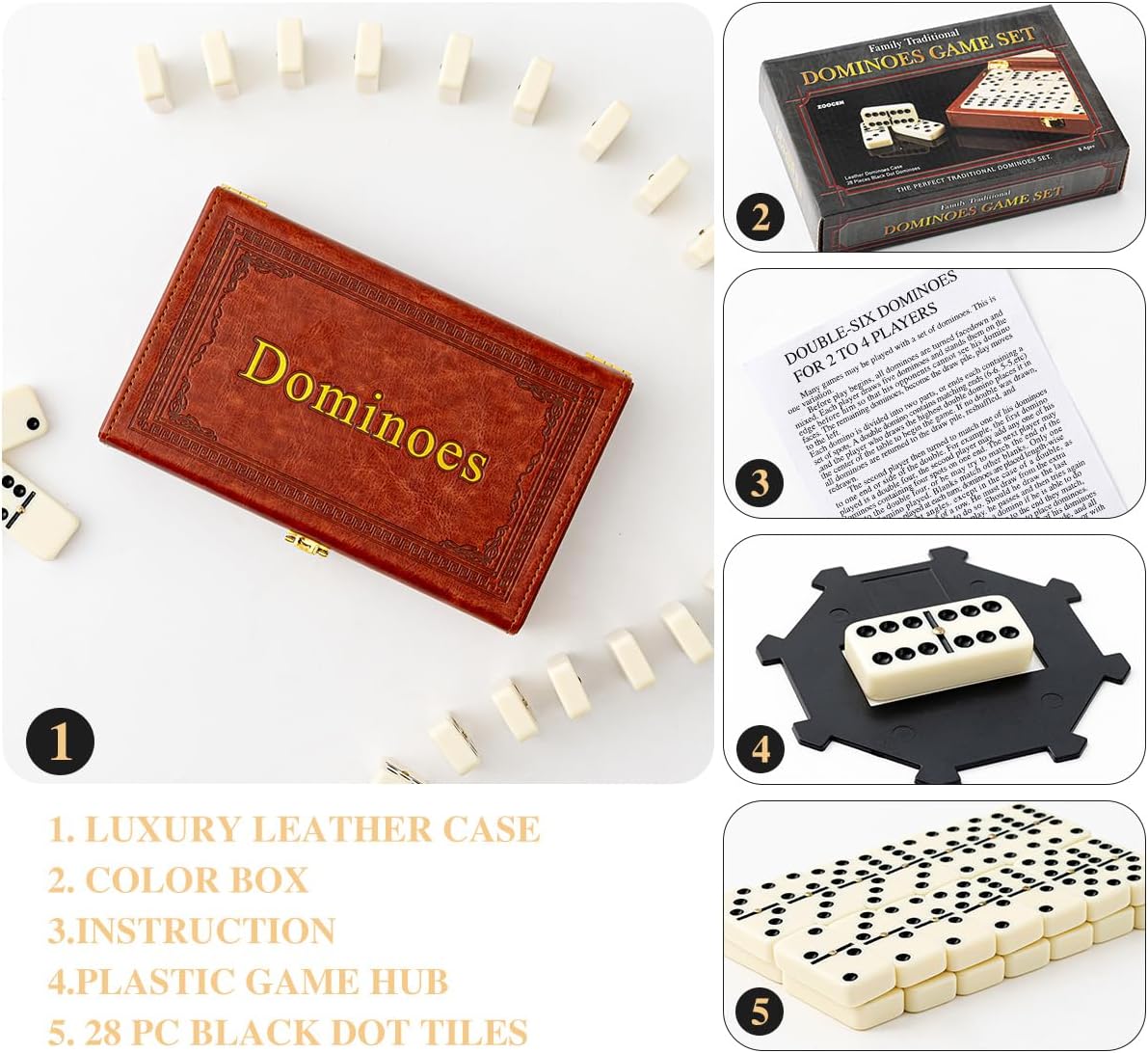 Double 6 Dominoes Set in Leatherette Case (28 Tiles with Spinner), Ivory