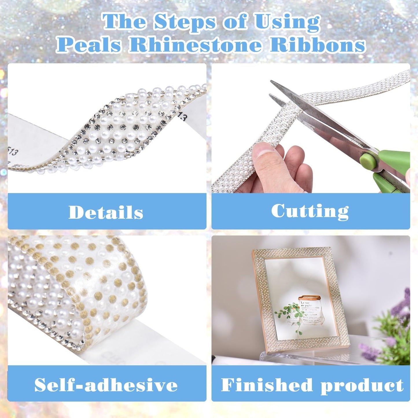 3 Rolls Bling Pearl Rhinestone Ribbon Crystal Strips, Self Adhesive Pearl Crystal Sticker Rhinestone Tape for DIY Car&Craft Wedding Christmas Decoration