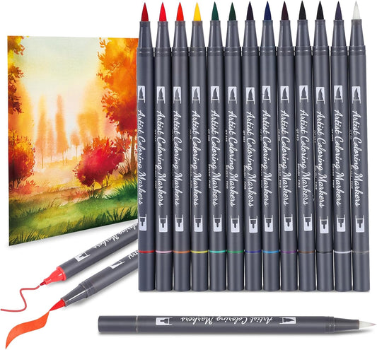 12 Colors Blendable Watercolor Pens 2025 Upgrade Water Based Paint Set Double Tip Watercolor Markers with 1 Water Brush Pen Coloring Pens Drawing Markers with Brush Tip for Artists&Beginners