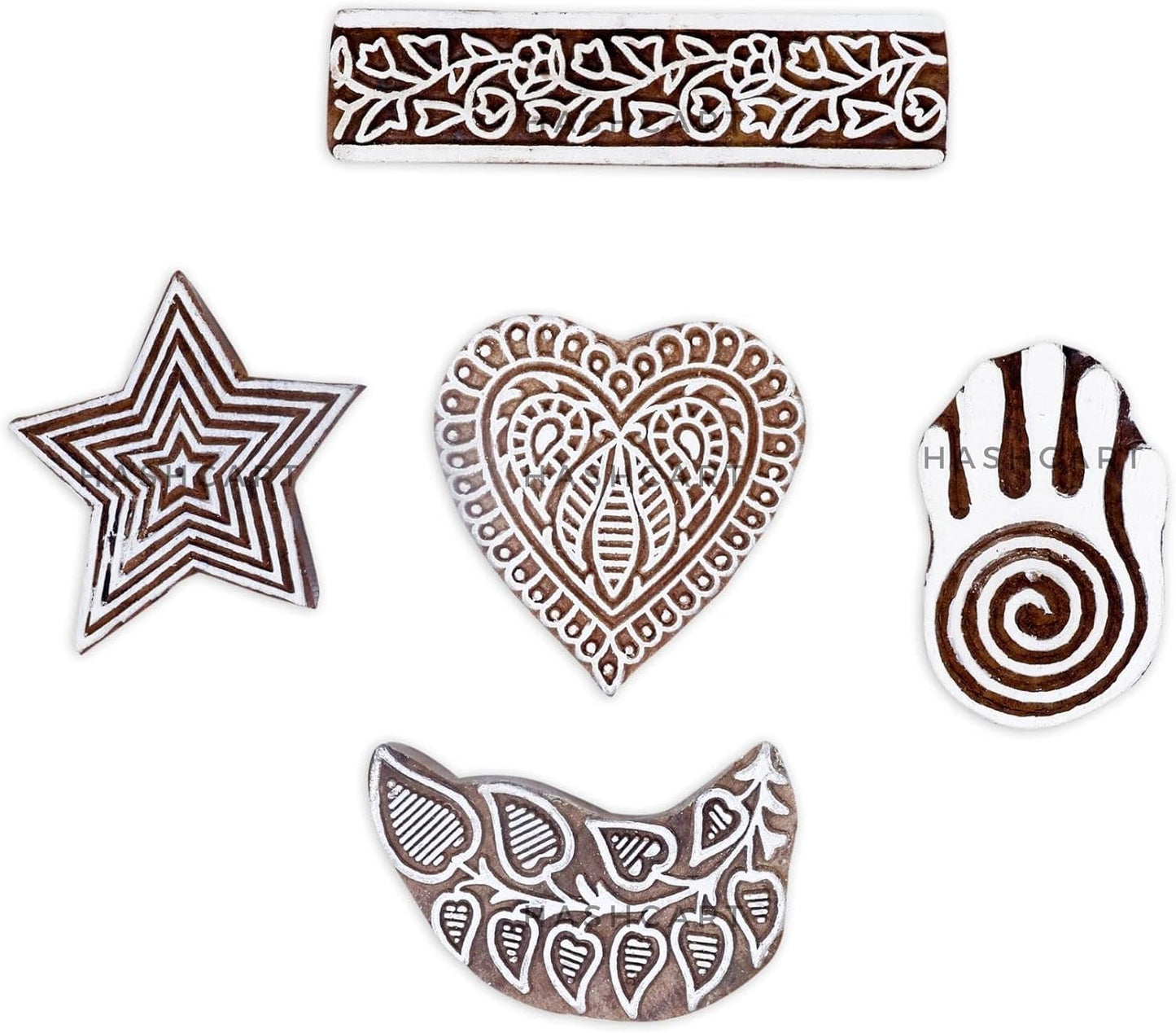 Wooden Block Stamp Hand Carved Printing Stamp for Fabric Printing - Wooden Printing Block for Scrapbooking Pottery Kids Project, to Decorate Card | Set of 5 | HASHCART®