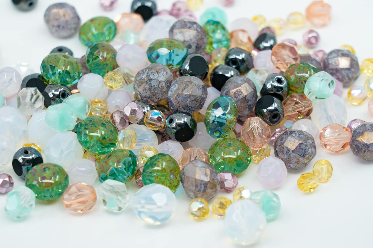 0.9 oz (25g) Gentle Mix of Faceted Fire Polished Czech Glass Beads (Round, Rondelle etc) 4-10mm, Light Pink Teal Yellow Opal