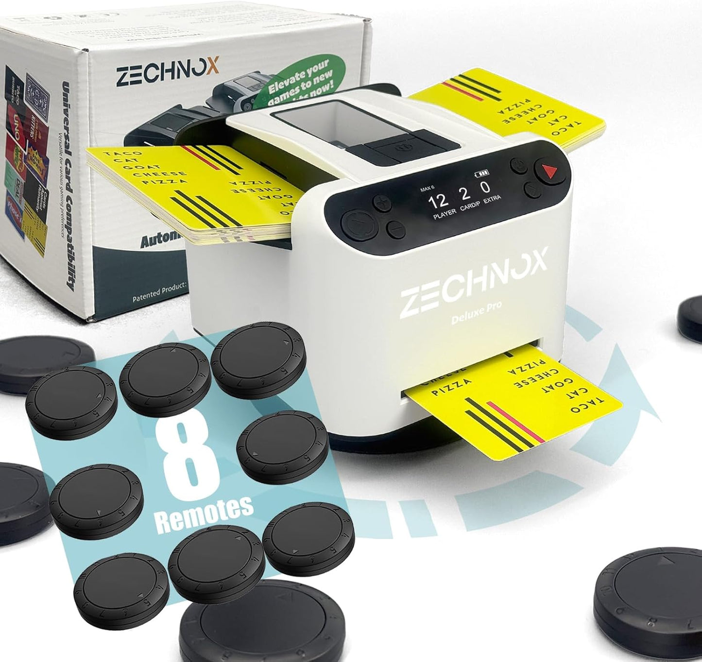 2025 New Smart 2-in-1 Automatic Card Shuffler and Dealer,Programmable Card Dealer,Card Shuffler 2 Deck,360° Rotation,Ultra Quiet,Rechargeable,Support 12 Players (EU White+8 Remotes)