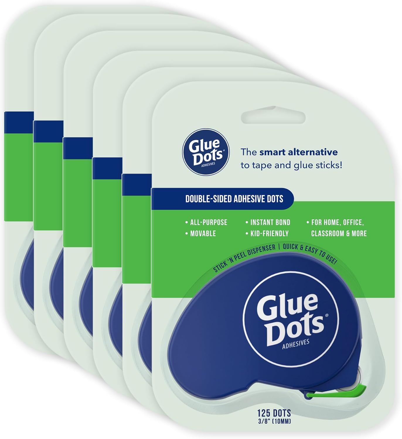 Glue Dots, Dispenser for everyday uses, 6-pack, 750 total dots, 3/8", .375 Inches, Movable, Repositionable, Multi-Functional, Label Containers, Glue Stick and Tape Alternative, Clear