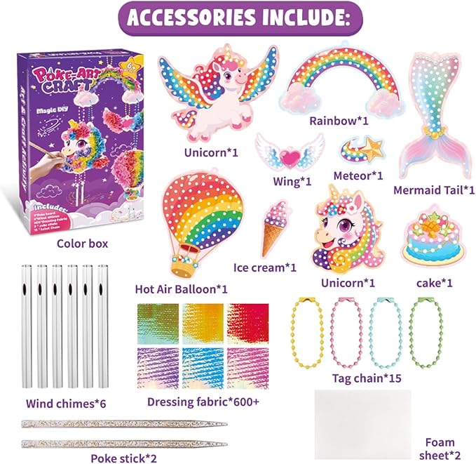 Ancitoy Unicorn Poke Art Kit for Girls, DIY Wind Chime Craft Activity, Mess-Free Art Gifts for Kids Ages 4 5 6 7 8 9 10 Birthday Present