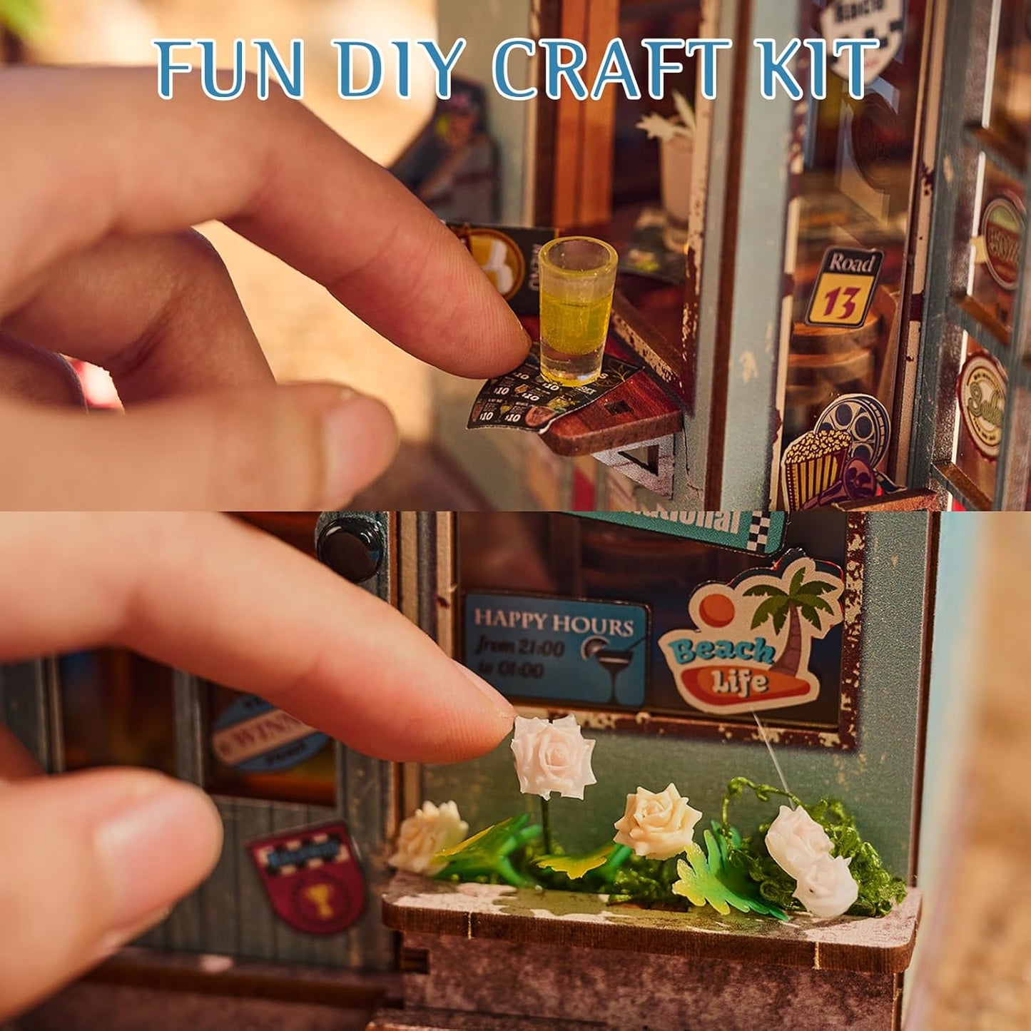 DIY Book Nook Kit, Miniature Dollhouse Bookshelf Insert with Light, Laser-Cut Wooden Craft Set for Adults, Perfect for Teens and Adults, Beach Bar