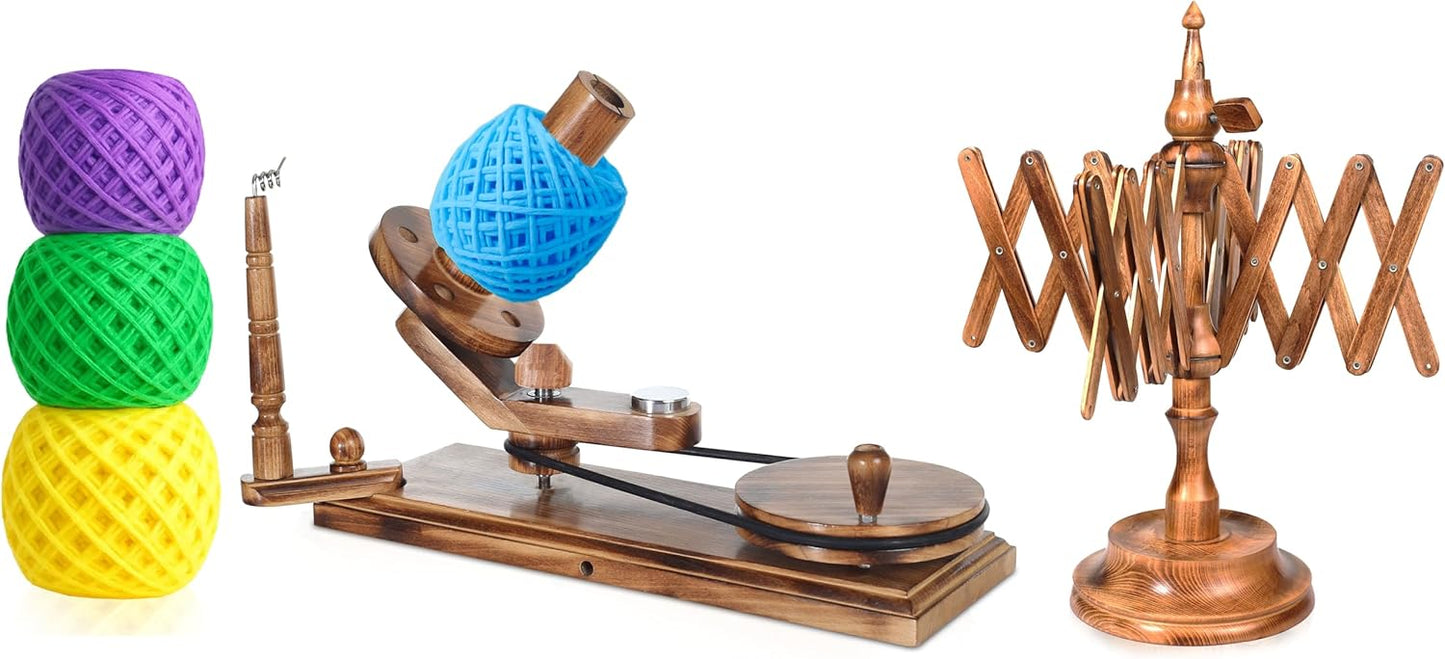 Handmade Wooden Yarn Ball Winder & Table Top Swift for Knitting & Crocheting, Wool String Center Pull (Antique Winder+Swift Set)