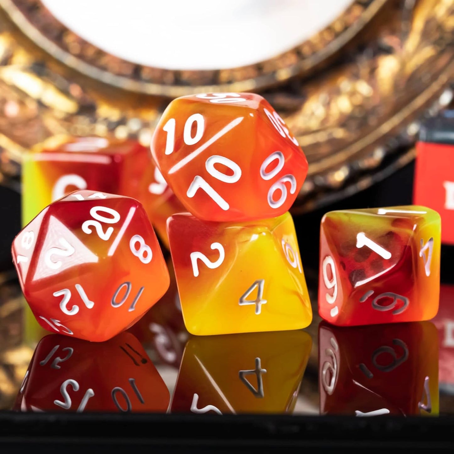 7-Die DND Dice Set Polyhedral Dice Set with a Leather Dice Bag, D&D Dice Set for Dungeons and Dragons, RPG Table Games (T/Red Yellow)