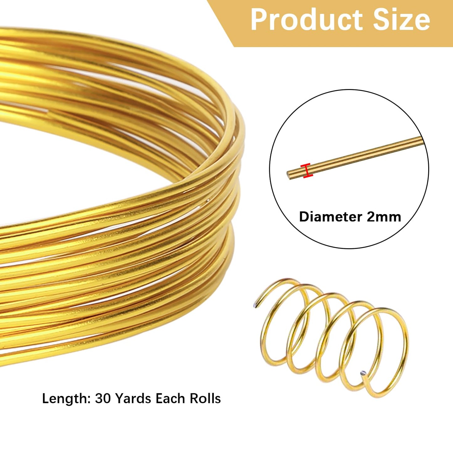 12 Gauge Aluminum Craft Wire, 2mm×30Yards Bendable Metal Craft Wire for Bonsai Plant Stand, Doll Skeletons, Wire Sculpture, Jewelry Making and Home Decorations (Golden)