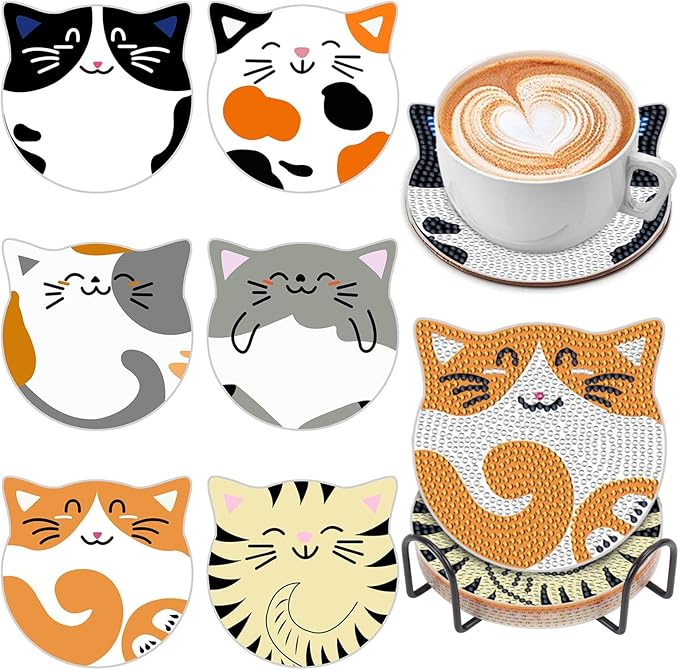 Diamond Art Coasters Kits for Adults with Holder Cork Pads, 6 Pcs Cat DIY ﻿Diamond Art Dots Painting Coasters Kits for Adults Beginners, Ideal
