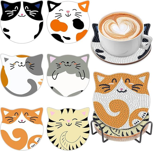 Diamond Art Coasters Kits for Adults with Holder Cork Pads, 6 Pcs Cat DIY ﻿Diamond Art Dots Painting Coasters Kits for Adults Beginners, Ideal