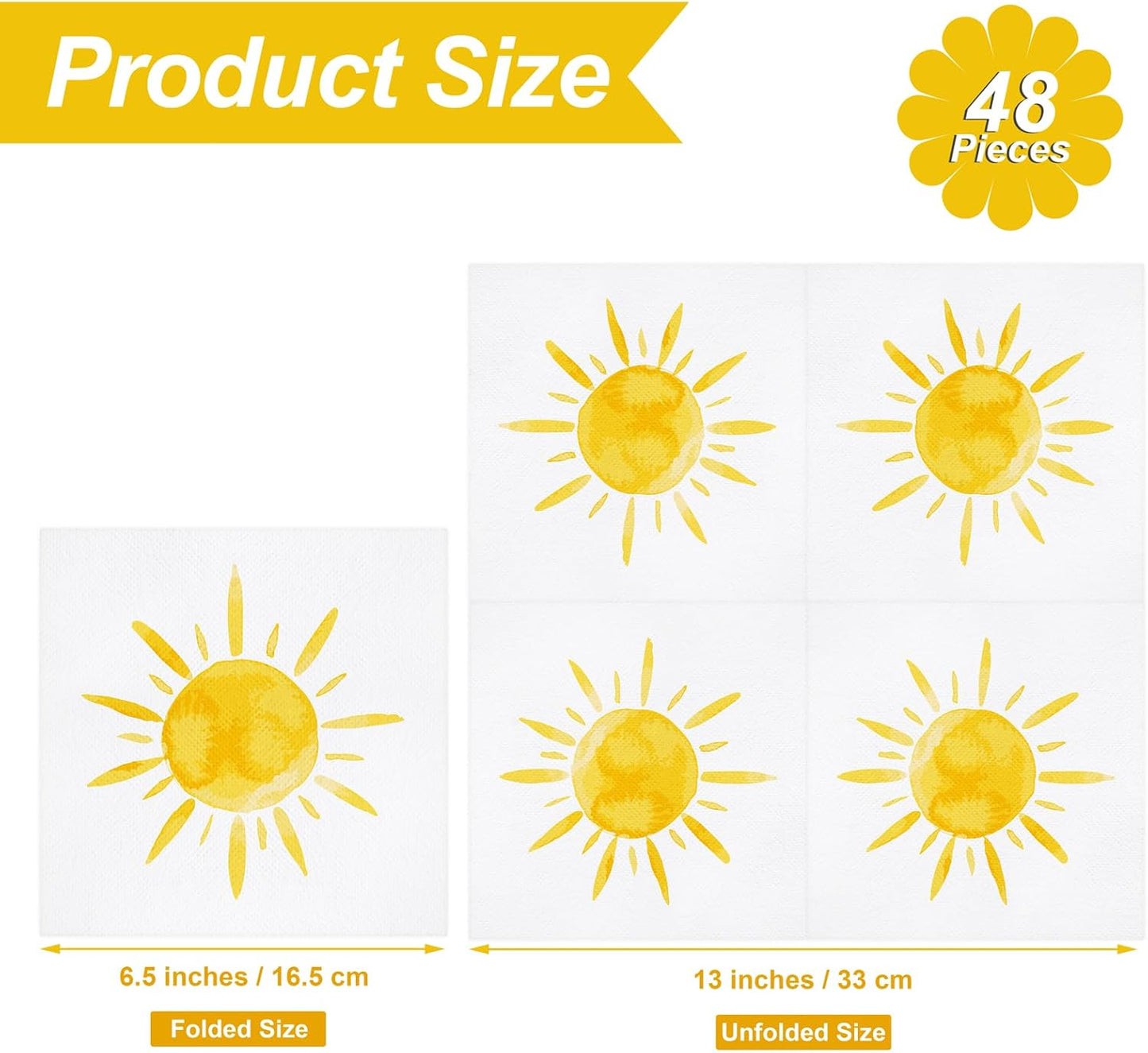 Aodaer 48 Pieces Disposable Sun Paper Napkins Sunshine Birthday Decorations Sun Party Napkins Cocktail Dinner Napkin Set 13" x 13" Unfolded Tableware Napkins for Sun Birthday Party Supplies