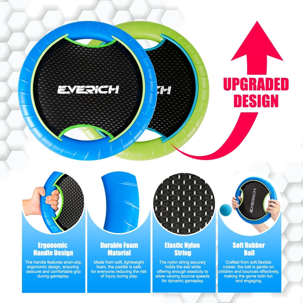 EVERICH TOY Trampoline Paddle Ball Set with 4 Bouncy Paddles & 8 Balls - Soft Foam Design for Kids Play Indoor Outdoor Beach Backyard Lawn - Great Gift Idea for Boys & Girls