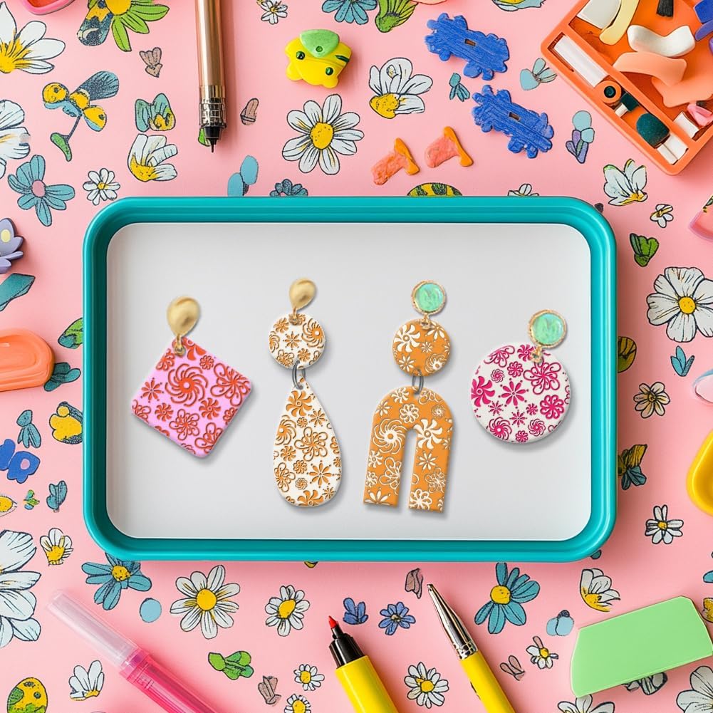 CHGCRAFT Plum Blossoms Polymer Clay Texture Sheets Art Rotation Flowers Silicone Texture Stamp Clay Texture Mat Modeling Pattern Pad Texture Sheets for Jewelry and Clay Earrings Tools