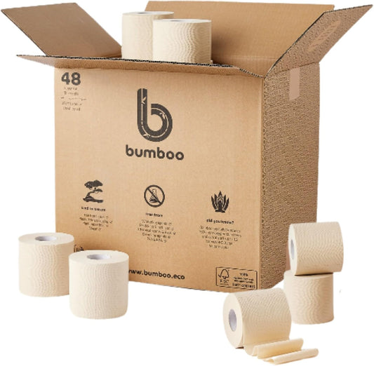 Bumboo Bamboo Toilet Roll 48 Pack | Unbleached Toilet Paper 3 ply, 300 Sheets | Eco Toilet Rolls Bulk Buy | Plastic-Free, Soft, Strong, Sustainable Loo Roll
