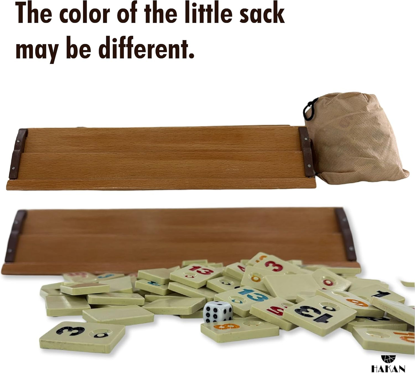 Hakan Turkish Okey Game Rummy Cube Game Rummy Cube Set with 4 Straight Wooden Racks Tile Holder and 106 Melamine Tiles Stones in Pouch