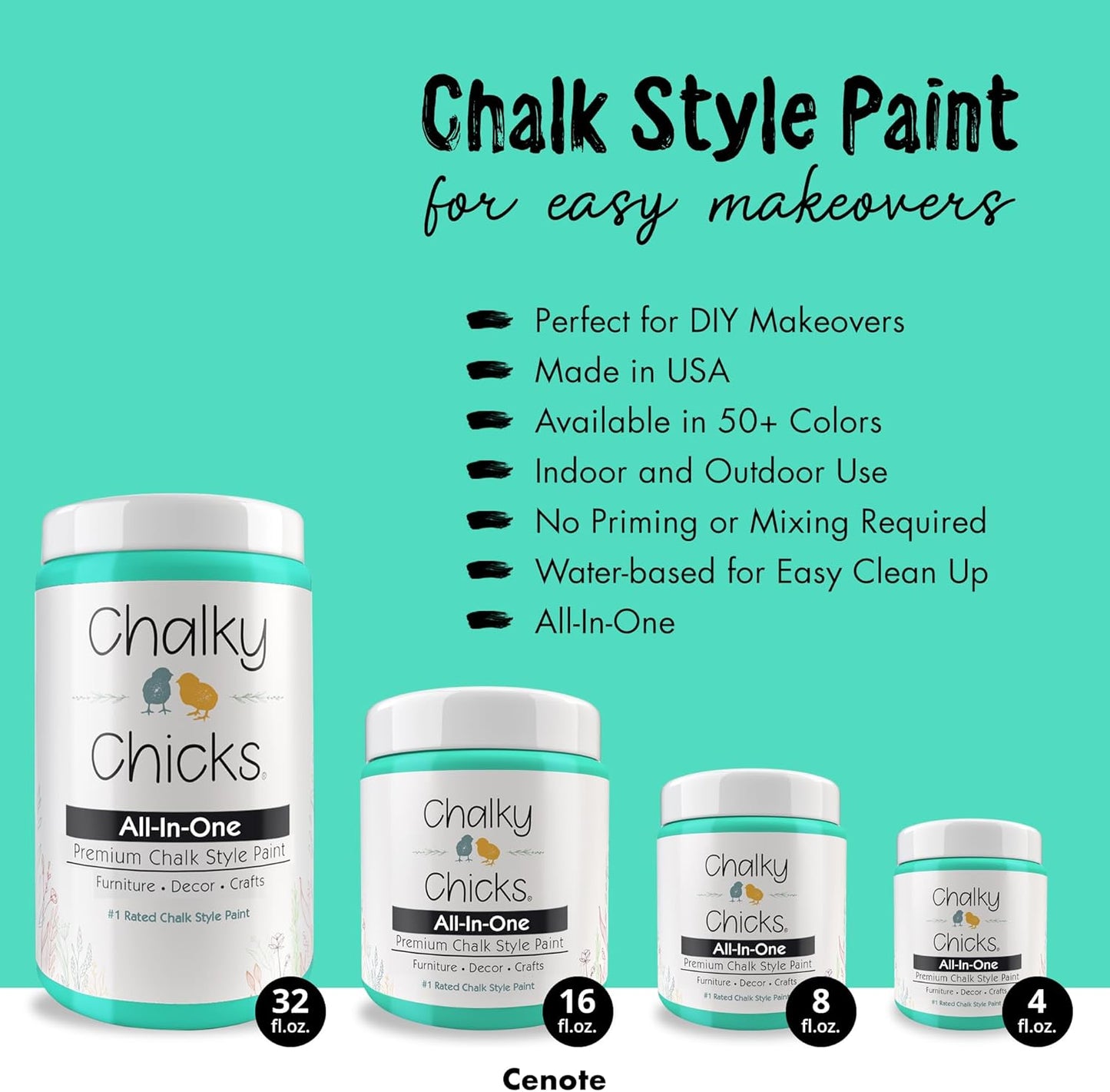 Chalky Chicks All-in-One Chalk Paint for Furniture or Cabinet - 8 Fl Oz - Matte Finish Cenote (Teal Blue) for Metal, Wood Furniture Paint - No Sanding All-in-One for Home Decor & Crafts, USA Made