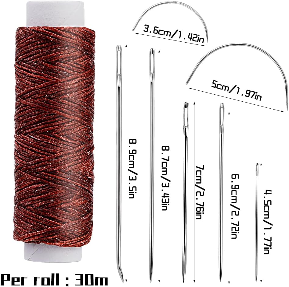 Ftyiwu Waxed Thread, Upholstery Needle and Thread 32 Yards with 7PCS Hand Sewing Needles for Home Upholstery Carpet Canvas Repair Leather Sewing (Red Coffee)