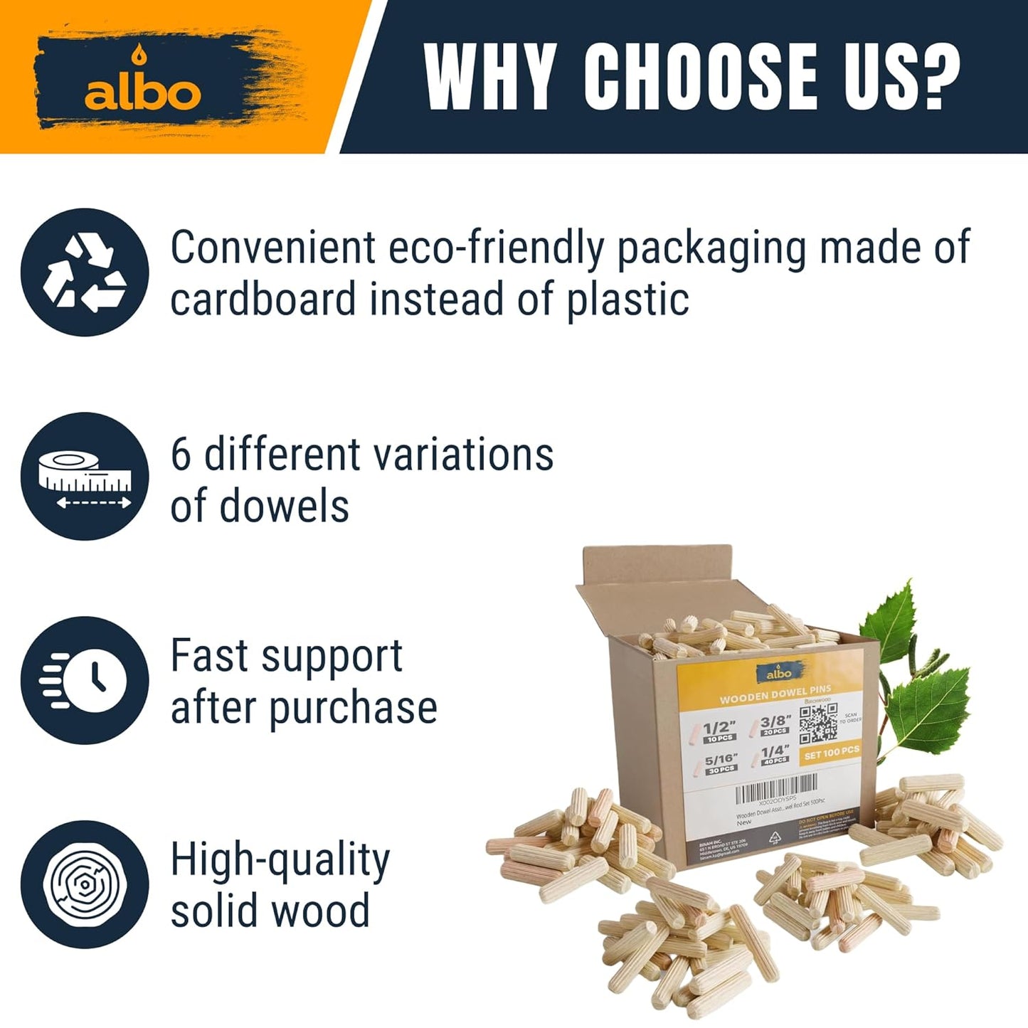 ALBO Wooden Dowel Pins 100 Pack Assorted Sizes 1/2 + 3/8 + 5/16 + 1/4 inch Fluted Wood Dowels Rods Hardwood Crafts Dowel Pegs