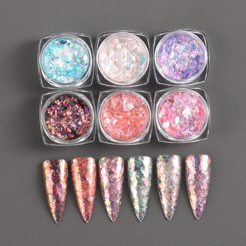 Holographic Iridescent Nail Art Glitter Flakes, 6 Colors Sparkly Ultra-Thin Aurora Foil Nail Art Flakes Designs, Opal Powder Nail Glitters Sequins Acrylic Supplies DIY Manicure Decorations