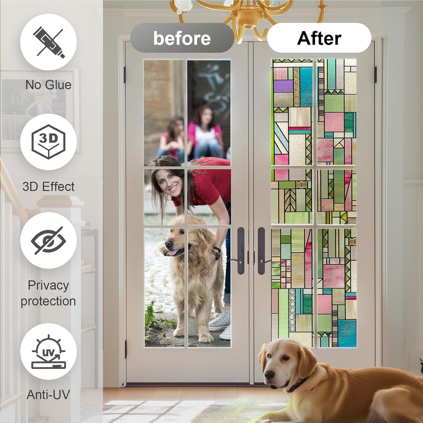 3D Stained Glass Window Privacy Film, Heat Control UV Blocking Static Cling Decorative Window Film for Bathroom,Front Door,Home Non Adhesive,Colorblock 16.9 x 78.7 inches