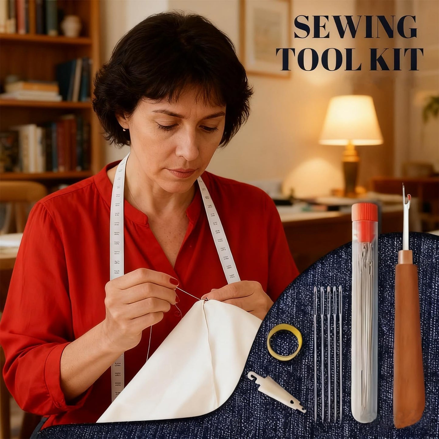 Big Eye Steel Sewing Needles Kit, 37-Piece Stainless Steel Hand Sewing Set with Thread, Thimble & Threader, for DIY Crafts, Home Travel Mending and Emergency Repairs on Leather and Denim