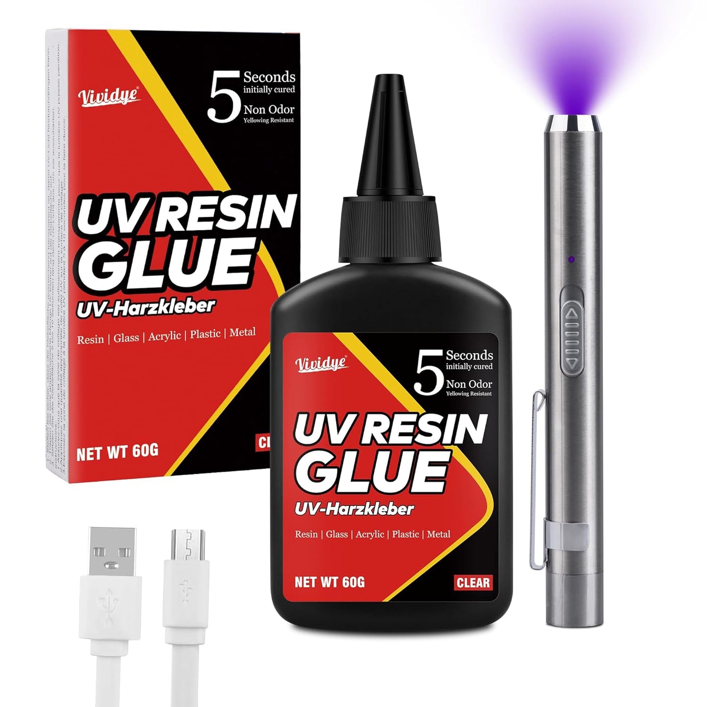 UV Resin Kit with Light - 60g UV Resin with Rechargeable Flashlight, Fast Curing in 5 Seconds, Clear UV Glue for Welding Plastic, Glass Repair, Acrylic - UV Adhesive for Bonding Jewelry, DIY, Crafts