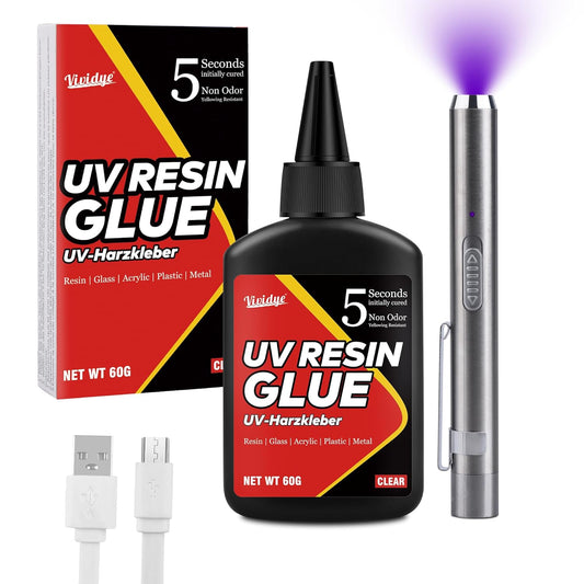UV Resin Kit with Light - 60g UV Resin with Rechargeable Flashlight, Fast Curing in 5 Seconds, Clear UV Glue for Welding Plastic, Glass Repair, Acrylic - UV Adhesive for Bonding Jewelry, DIY, Crafts