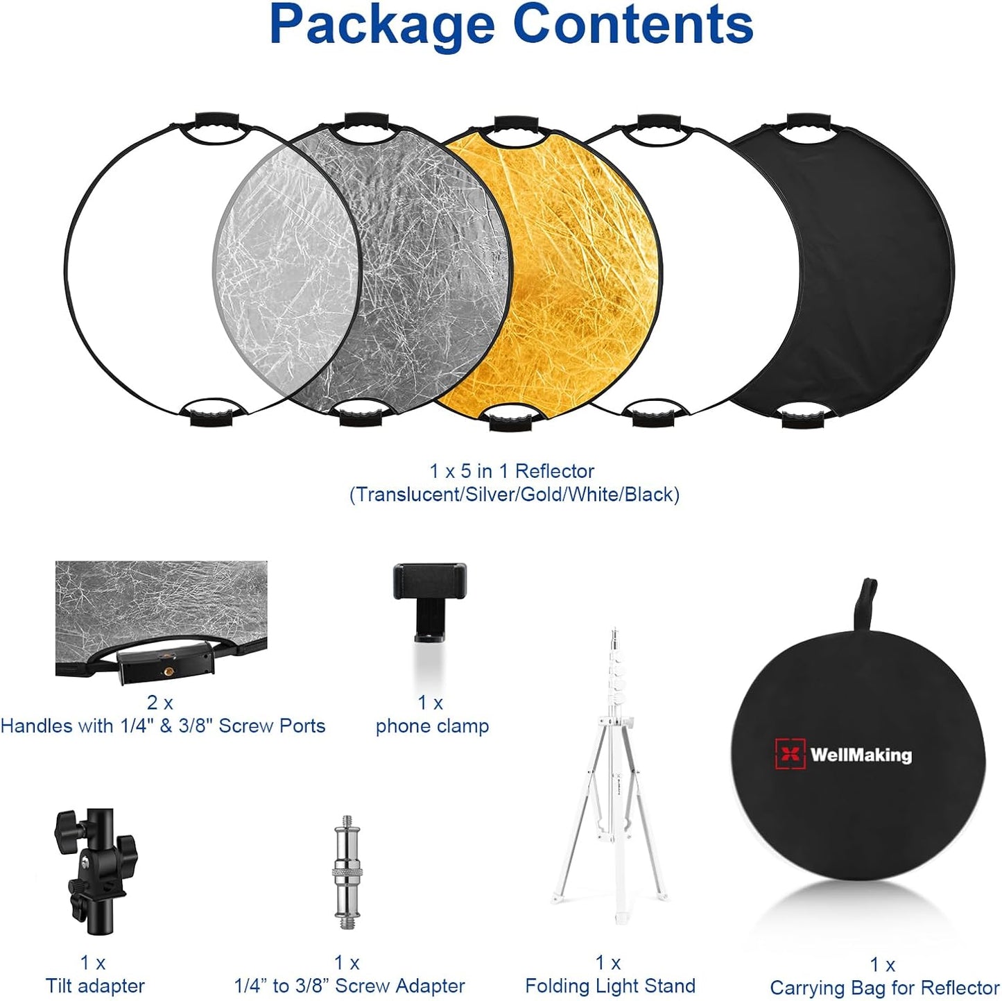 WELLMAKING 32''(80cm) Photography Reflector Dual Handle Collapsible 5-in-1 with Tilt Adapter Reflector, White Portable Stand and Pouch for Studio & Outdoor Lighting-Translucent,Silver,Gold,White&Black