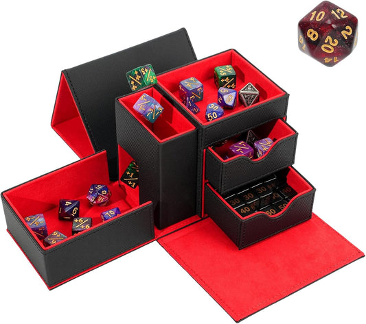 Dice Tray & Dice Tower Storage Box, 3 in 1 Dice Holder Case (Dice Rolling Tray, Dice Rolling Tower, Dice Storage Drawers), Leather Magnetic Closure DND Accessories Gifts for RPG MTG, Black/Red