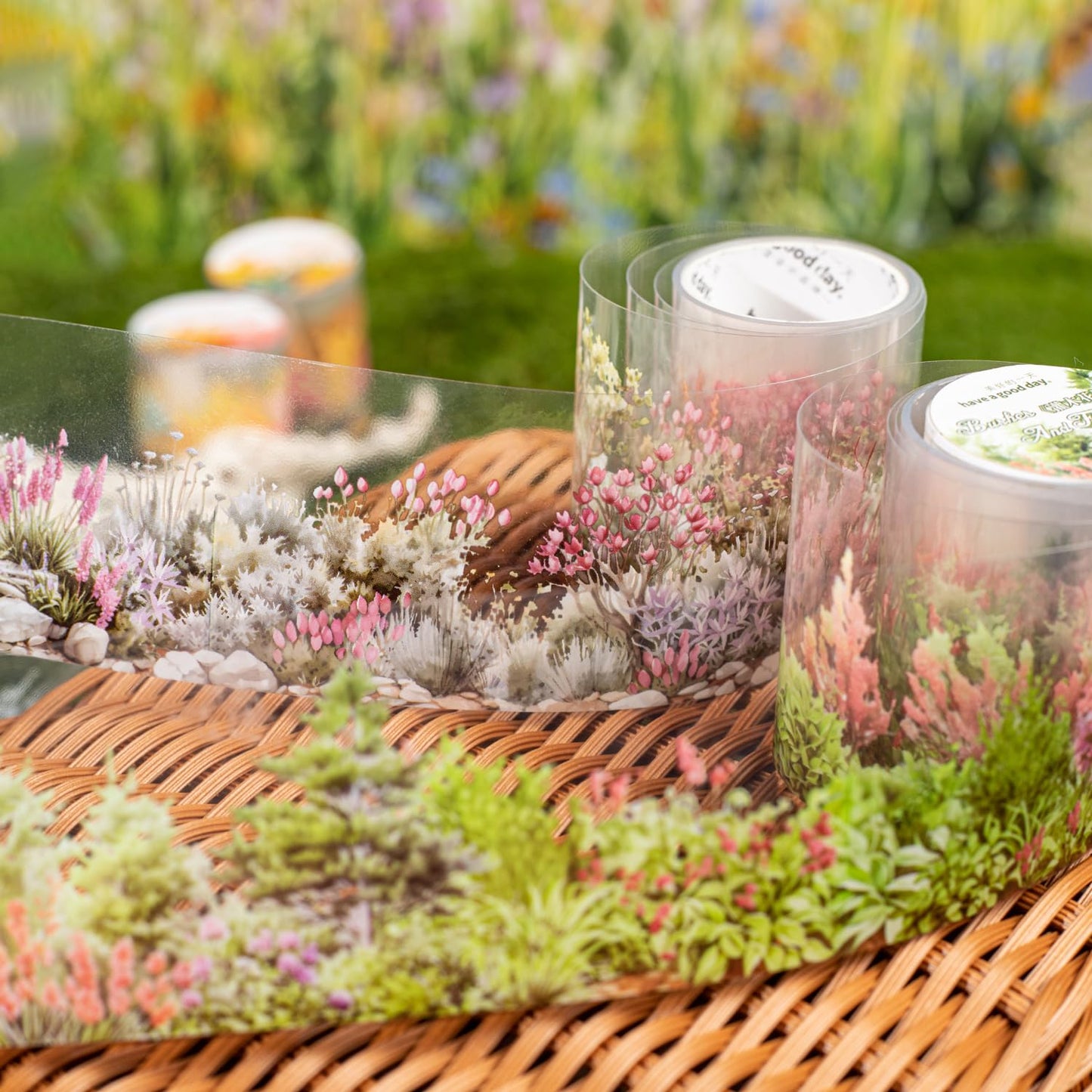 6 Rolls Transparent Floral and Botanical PET Tape Set, Landscape Stickers for Journaling, Scrapbooking, and DIY Crafts, with Decorative Clip