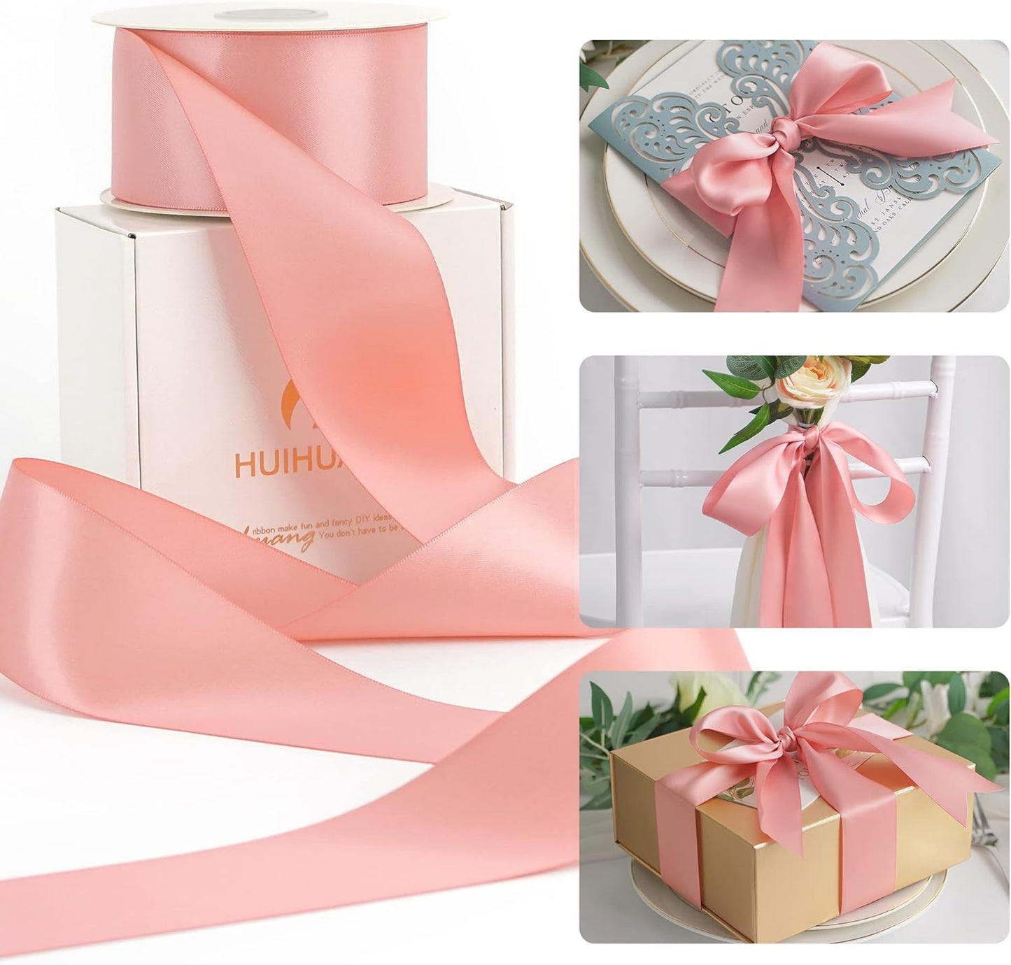 HUIHUANG Blush Pink Ribbon 2 inch Double Face Blush Satin Ribbon Wedding Ribbon for Flower Bouquet, Dress Chair Sashes, Invitations Card, Gift Wrapping, Bows, Crafts, Holiday Decor -25 Yards/Roll