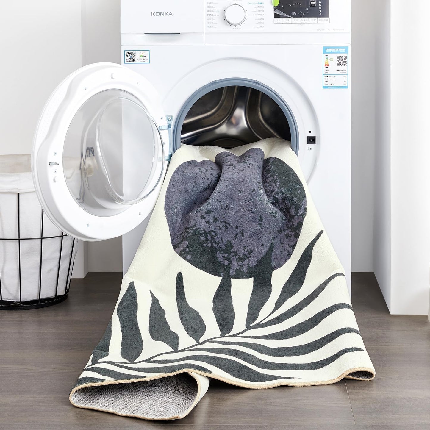 RoomTalks Mid Century Modern Living Room Rug Washable 5x7 Rug, Black Boho Cute Aesthetic Area Rugs Carpet for Bedroom Dining Room Office, Vintage Abstract Leaves Thin Indoor Entryway Carpet