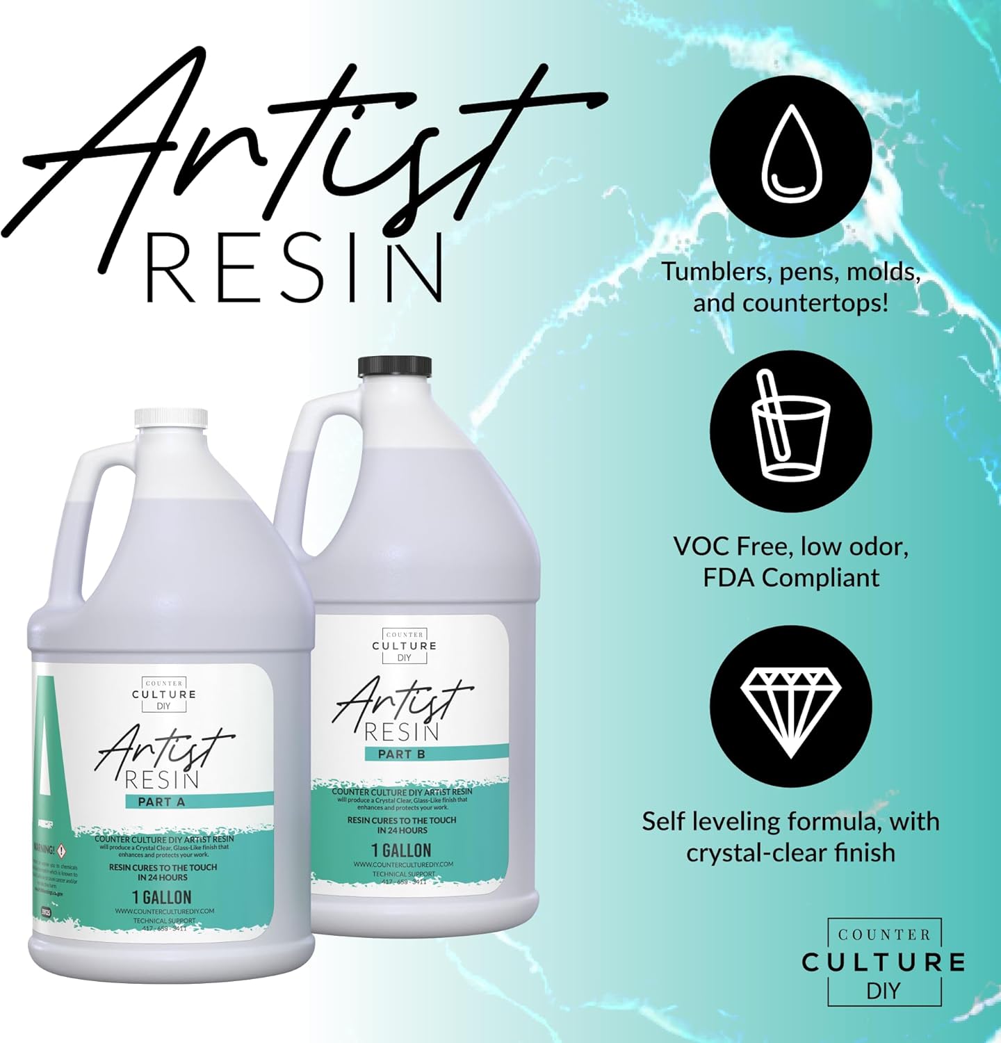 Counter Culture DIY Clear Artist Resin, 2 Gallon Kit, Art Epoxy Supplies for Metallic Stains Acrylic 100% Solids Easy Coat No VOCs Scratch UV Heat Resistant 500 Degrees