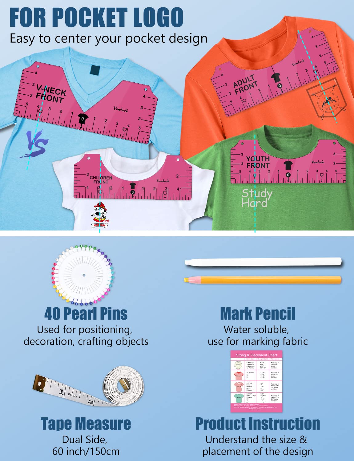 Vowlove Tshirt Ruler Guide for Vinyl Alignment: T Shirt Rulers to Center Designs, Tee Shirt Alignment Tools for Heat Press, Sewing Accessories HTV Heat Transfer Vinyl, V-Neck Front Back Measurement