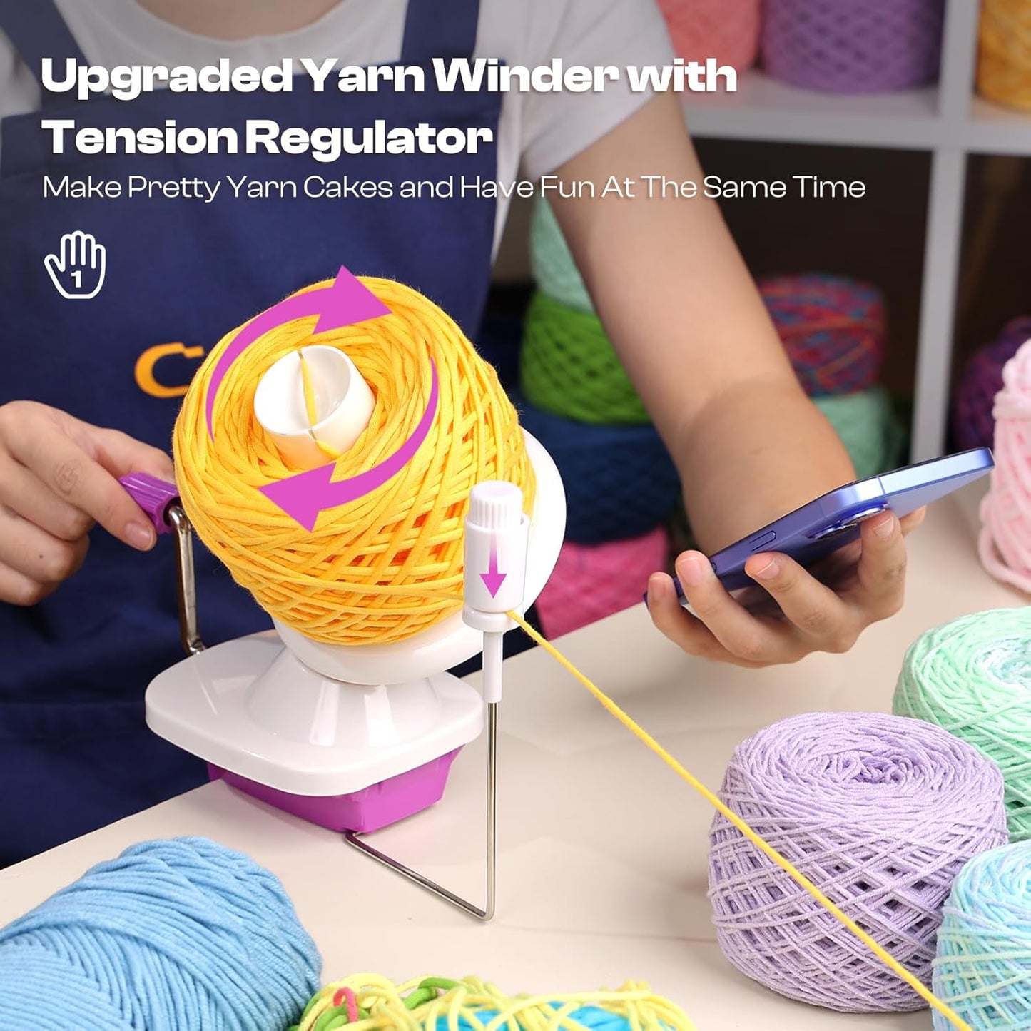 Caydo Yarn Winder with Tension Spring, One Hand Operated Winders, 4-7oz Efficiently Compact Cake Roller for Crocheting, Portable Ball Spinner for Crocheters, Ideal Helper for Craft Lovers(Purple)